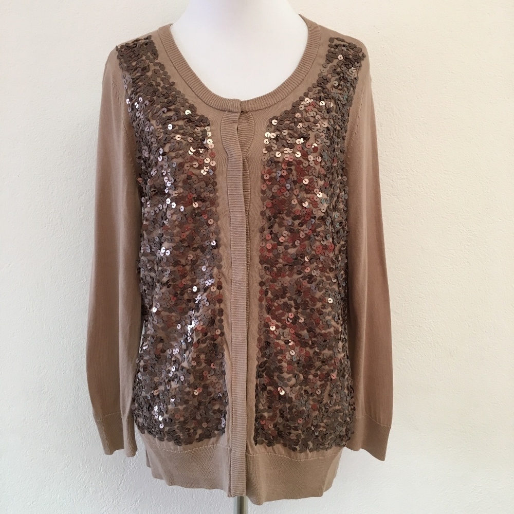 Talbots Brown Sequins Button Down Cardigan Size M - image 1